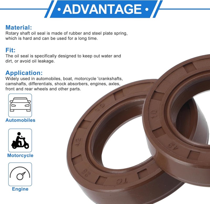 VekAuto Universal Oil Seal TC Double Lip W Steel Spring Seal Ring Rotary Shaft Seal 25x42x10mm High Pressure FKM Rubber Brown 2 Pcs - Image 4